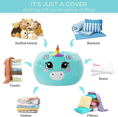 Aubliss Stuffed Animal Storage, Velvet Bean Bag Chairs Cover, Large 32" Ultra Soft Kids Toy Storage Organizer for Blankets Towels Clothes, Cyan Big Eyes
