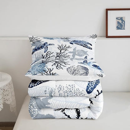 Turtle Comforter Set Twin,White Blue Hawaiian Turtle Bedding for Kids,Reptile Tortoise Quilt Duvet Set Coastal Beach Theme Comforter Retro Sea Turtle Bed Set for Boys Girls Bedroom Decor(Marine life)