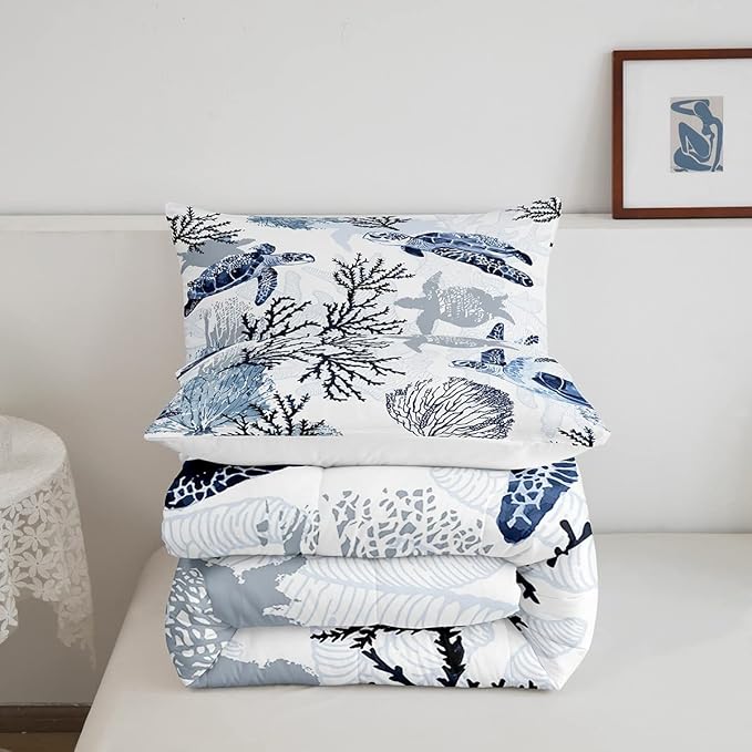 Turtle Comforter Set Queen,White Blue Hawaiian Turtle Bedding for Kids,Reptile Tortoise Quilt Duvet Set Coastal Beach Theme Comforter Retro Sea Turtle Bed Set for Boys Girls Bedroom Decor(Marine life)
