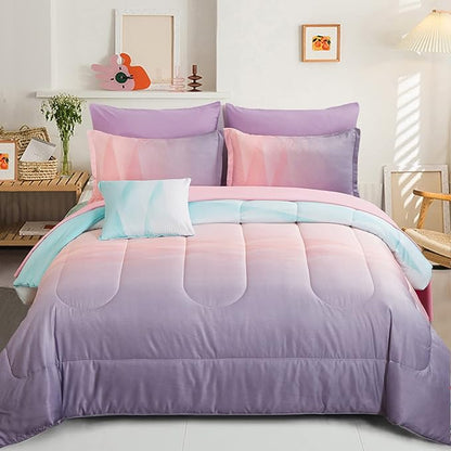 Girls Comforter Set Queen Size Colorful Ombre Blue Pink Purple Rainbow Bedding Set 7 Pieces Bed in A Bag for Kids Teen Girls Women with Comforter, Flat Sheet, Fitted Sheet