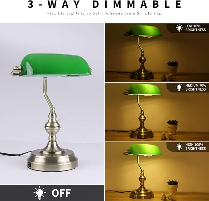 Green Glass Bankers Desk Lamp,Vintage Desk Lamp Touch Control, 3 Way Dimmable Table Lamp with USB Charging Port, Mid Century Banker's Desk Lamp for Home Office Library Antique Brass