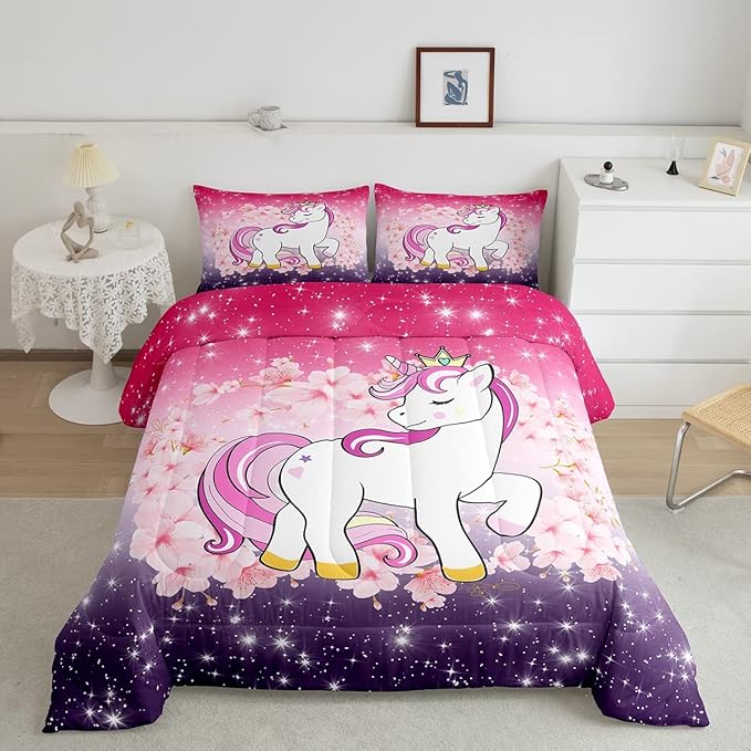 Unicorn Comforter Set Twin Glitter Bedding Set Cherry Blossoms Duvet Insert Kids Cartoon Kawaii Animal Down Comforter Ombre Galaxy Stars Fantasy Girls Room Decor Quilt Set Aesthetic Pink Purple
