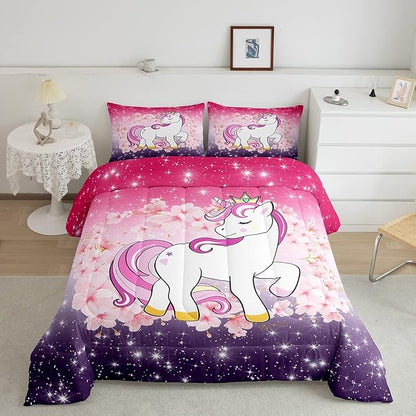Unicorn Comforter Set Twin Glitter Bedding Set Cherry Blossoms Duvet Insert Kids Cartoon Kawaii Animal Down Comforter Ombre Galaxy Stars Fantasy Girls Room Decor Quilt Set Aesthetic Pink Purple