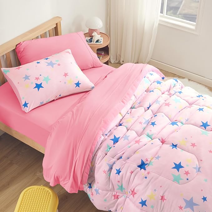 SLEEP ZONE Kids Comforter Set, Jersey Knit 3 Pieces Bedding Set for Girls, Soft, Breathable, Washable, Easy Care (Colorful Stars, Full/Queen)