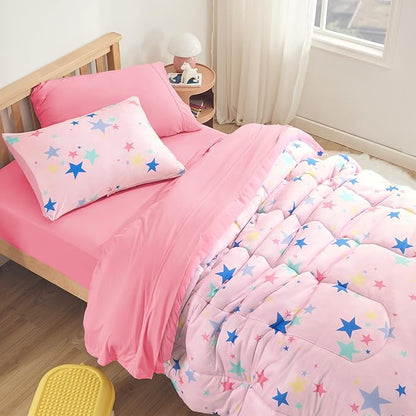 SLEEP ZONE Kids Comforter Set, Jersey Knit 3 Pieces Bedding Set for Girls, Soft, Breathable, Washable, Easy Care (Colorful Stars, Full/Queen)