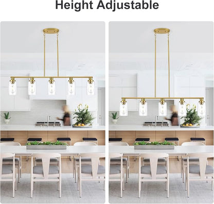 Kitchen Island Lighting, 5-Light Modern Dining Room Light Fixtures Over Table,Farmhouse Gold Linear Chandeliers for Dining Room, Industrial Pendant Lights Fixture with Clear Glass Shade