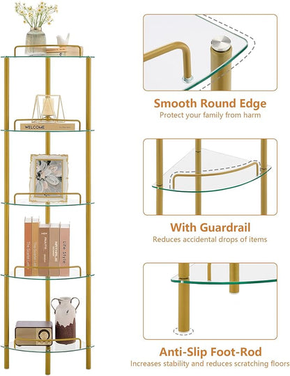 5-Tier Corner Shelf Stand, Gold Corner Bookshelf, Bathroom Organizer, Plant Stand, Tempered Glass Shelves, Modern Style for Living Room, Bedroom, Kitchen, Home Office, Metallic Gold