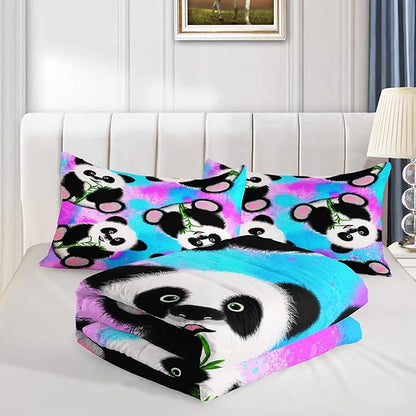 Panda Comforter Full Size,Neon Panda Comforter Set for Kids Teens Girls Boys,3Pcs Bedding Set Printed Comforter with 2 Pillowcases,Down Alternative,Soft and Lightweight，Full Size