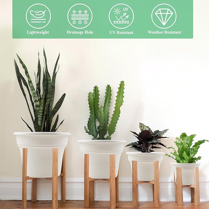 11 Inch Plastic-Flower-Pot-for-Indoor-Plants, 4 Pack Large Outdoor Planter Pot with Drainage Holes & Saucers, Resin Decorative Garden Pots Planters