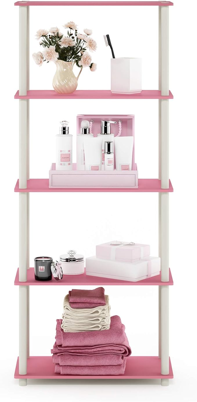 Furinno Turn-N-Tube Multipurpose Shelf / Display Rack / Storage Shelf / Bookshelf, 5-Tier Round Tube, Pink/White