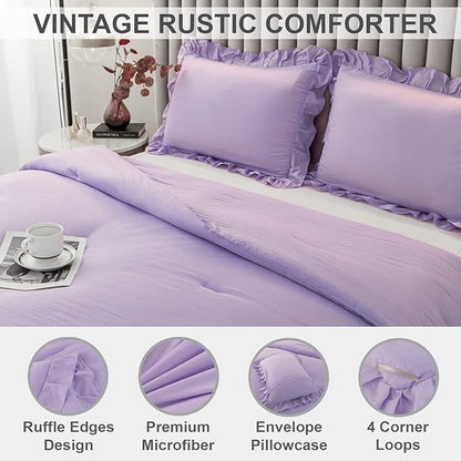 Andency Lavender Ruffle Comforter Queen(90x90Inch), 3 Pieces(1 Ruffled Comforter and 2 Pillowcases) Solid Farmhouse Shabby Chic Comforter, Vintage Rustic Soft Microfiber Bedding Set