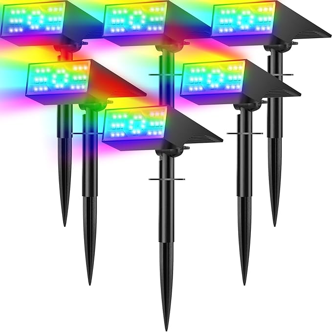 Solar Color Changing RGB Spot Lights Outdoor, 6 Pack/7 Lighting Modes Multicolor Outdoor Lights for Yard Waterproof IP68, Halloween Christmas Solar Landscape Powered Lights Garden Pathway