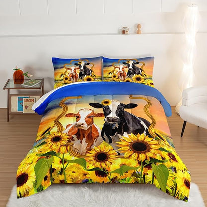 HOSIMA Animal Theme Bedding Set Bull and Cow Comforter with 2 Pillowcases,Sunflower Full Size Comforter Set for Adults Teens Kids,Brown Cowhide Black White Cow Print Western Bedding Sets.