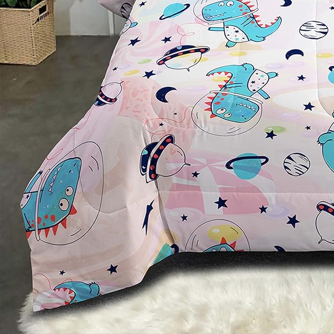 NINENINE Pink Dinosaur Comforter Set Colorful Rainbow Castle UFO Space Theme Bedding, Twin Comforter Sets for Boys Girls Kawaii Bedding Set with 1 Comforter 1 Pillowcase