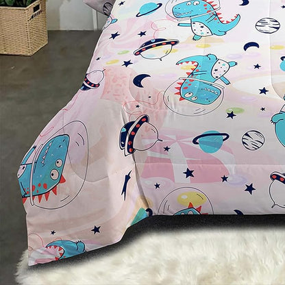 NINENINE Pink Dinosaur Comforter Set Colorful Rainbow Castle UFO Space Theme Bedding, Twin Comforter Sets for Boys Girls Kawaii Bedding Set with 1 Comforter 1 Pillowcase