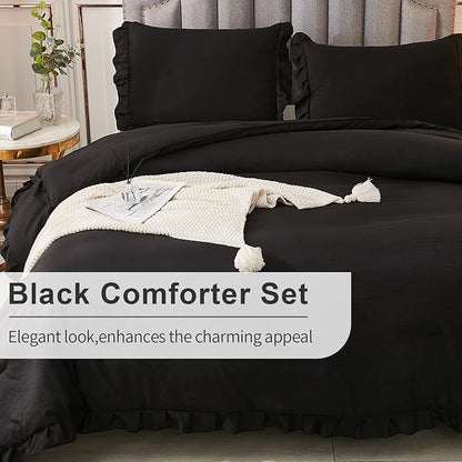 Andency Black King Size Comforter Set, 3 Pieces Farmhouse Shabby Chic Bedding Comforters & Sets, Soft Fluffy Lightweight All Season Down Alternative Bed Blanket Set