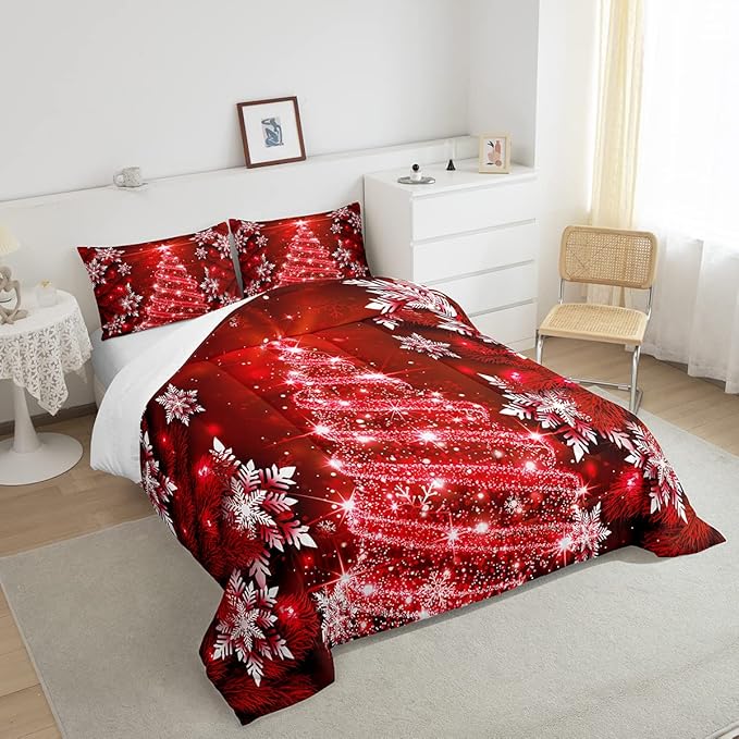 Feelyou Christmas Tree Comforter Set for Kids Boys Girls King Size Luxury Chic Xmas Bedding Set Glitter Snowflake Star Comforter Red Duvet Set Christmas Room Decor Quilt Boys