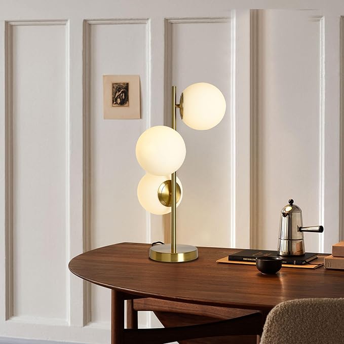 Mid Century Table Lamp, Modern 3 Lamp Gold Desk Lamp Retro with White Frosted Glass Lampshade Adjustable Brightness, Suitable for Desk Lamp Bedrooms, Living Rooms, Study, Library