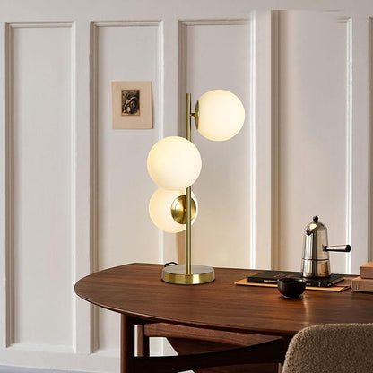 Mid Century Table Lamp, Modern 3 Lamp Gold Desk Lamp Retro with White Frosted Glass Lampshade Adjustable Brightness, Suitable for Desk Lamp Bedrooms, Living Rooms, Study, Library