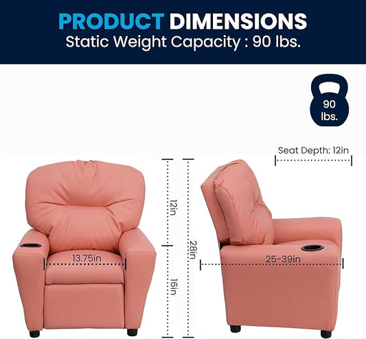 Flash Furniture Chandler Vinyl Kids Recliner with Cup Holder and Safety Recline, Contemporary Reclining Chair for Kids, Supports up to 90 lbs., Pink