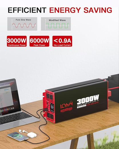 3000 Watts Power Inverter Pure Sine Wave DC 12V to 110V/120V AC 6000W Peak Inverters with 4 AC Outlets Type-C PD30W QC3.0 USB Fast Charging Port Remote Control and LCD Display Solar Off-Grid Converter