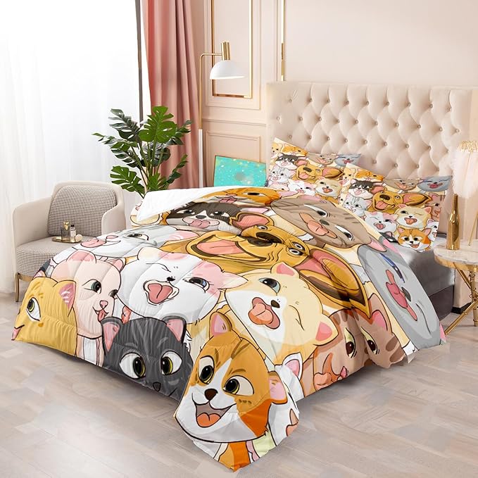 Dogs Bedding Set Queen Size 3Pcs - Cute Cartoon Dog Animal Print Comforter Set for Kids Boys Lightweight Soft Puppy Comforter with 2 Pillowcases All-Season Boys Teens Bedroom Dorm Bedding Decor