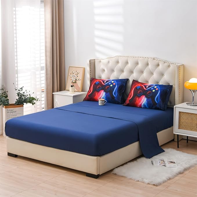 Meeting Story Gamer Gaming Bedding Sets Red-Blue Lightnings Gamepad Comforter Set for Boys Games Console Action Buttons Novelty Colorful Modern Room Decor Home Quilt Set (Red-Blue, Twin 5Pcs)