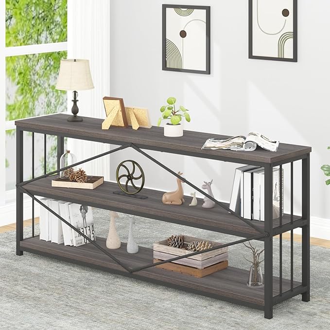 IBF Wood and Metal Book Shelf, Industrial Rustic Low 3 Tier Bookshelf, Farmhouse Long Wide Vintage Horizontal Bookcase, Modern Large Open Etagere for Home Office Living Room Bedroom, Gray Oak, 63 Inch