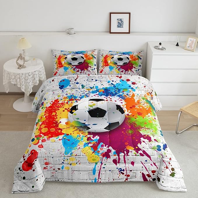 Feelyou Football Bedding Set Rugby Sports Comforter Set Soccer Ball Game Comforter for Boys Girls Teens Decor Gift for Football Lover Duvet Set Twin Size with 1 Pillow Case Boys