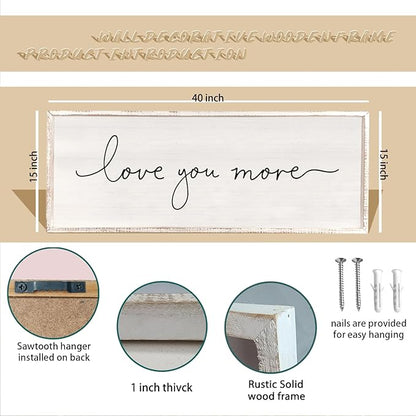 Love You More Sign 40''×15'' Master Bedroom Above Over Bed Wall Decor Modern Farmhouse Large Vintage Wood Framed Hanging Over Bed Bedside Wall Art (White)
