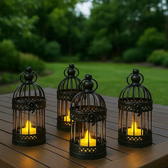 Vela Lanterns Birdcage Decor Candle Holder Lantern Decorative Table Centerpiece Halloween Decorations, Black, Small, Set of 4