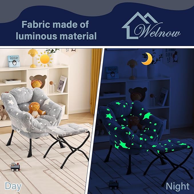 Welnow Toddler Kids Lazy Chair with Ottoman, Glow in The Dark Accent Comfy Lounge Children Armchair Couch with Removable Cover, Detachable Reading Chair with Footrest for Boy or Girl, Grey Star
