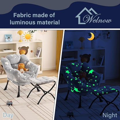Welnow Toddler Kids Lazy Chair with Ottoman, Glow in The Dark Accent Comfy Lounge Children Armchair Couch with Removable Cover, Detachable Reading Chair with Footrest for Boy or Girl, Grey Star