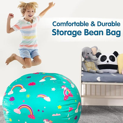Lukeight Unicorns Stuffed Animal Storage Bean Bag Chair Cover for Kids, Unicorns Zipper Beanbag Chair Cover for Organizing Toddler & Kids' Rooms Plush Toys (Rainbow Green, X-Large)