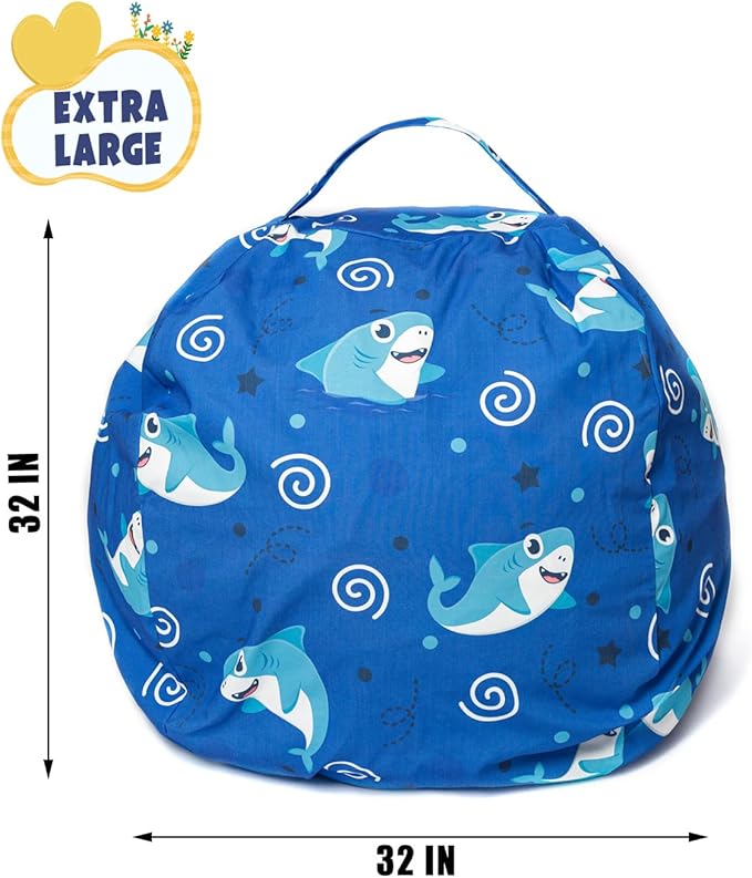 Stuffed Animal Storage Bean Bag Chair Cover, Hold Kids Plush Toys Blankets Towels Beanbag (Cover Only), Canvas Floor Circle Stuff Sit Seat Sofa with YKK Zipper, Large 32", Blue Shark