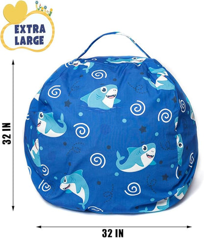 Stuffed Animal Storage Bean Bag Chair Cover, Hold Kids Plush Toys Blankets Towels Beanbag (Cover Only), Canvas Floor Circle Stuff Sit Seat Sofa with YKK Zipper, Large 32", Blue Shark