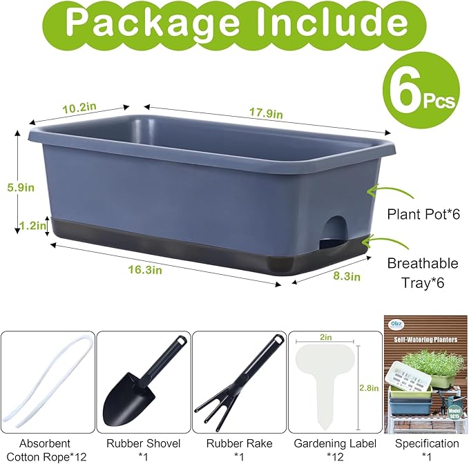 Window Box Planter 6 Pcs, 18 Inches Rectangle Flower Pots with Drainage Holes and Trays, Vegetable Planters for Windowsill Patio Garden Balcony Home Porch Yard Indoor Outdoor (Grey, 18*10*6 inch)