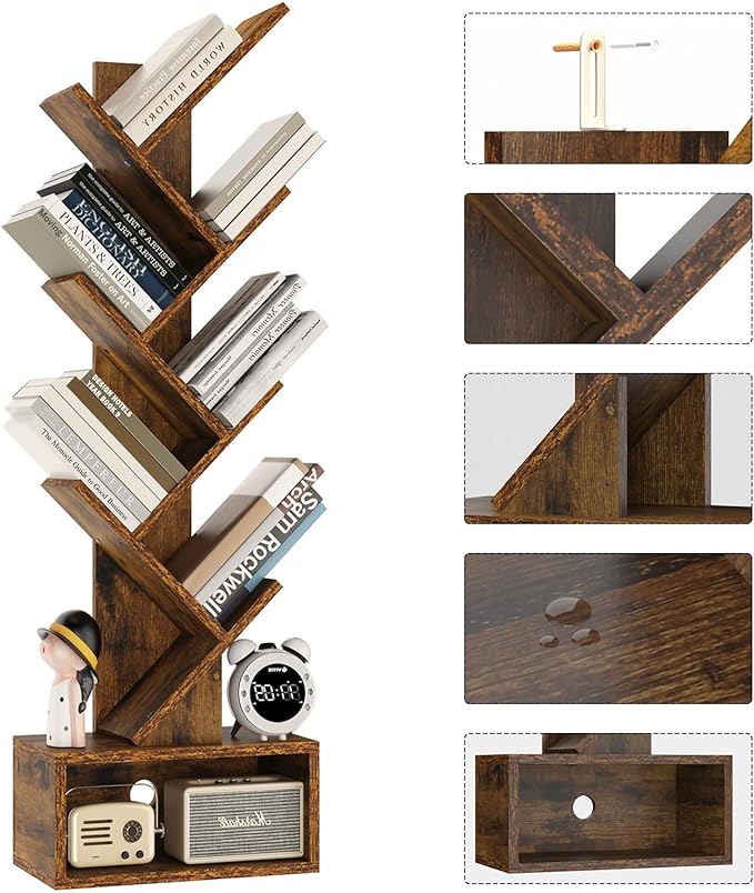 YMYNY 6 Tier Tree Bookshelf, Tall Bookcase, Wood Book Storage Rack with Drawer, Modern Floor Standing Book Shelf for Books/Movies/CDs, Utility Organizer for Living Room, Office, Rustic Brown UHBC016H