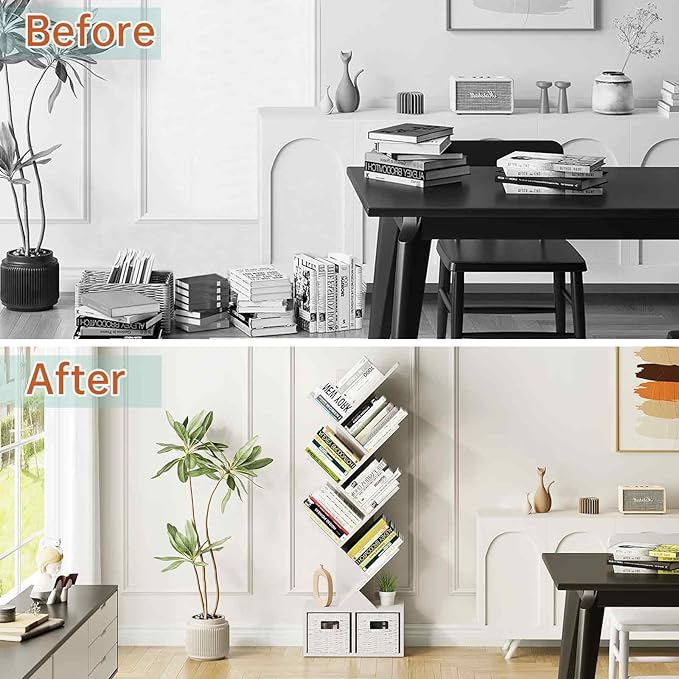 Vagusicc 6 Tier Tree Bookshelf - Modern Shelf Floor Standing Bookcase with Baskets, Tall Wood Book Storage Rack for Books/CDs, Tree Utility Book Organizer Shelves for Living Room, Home Office, Bedroom
