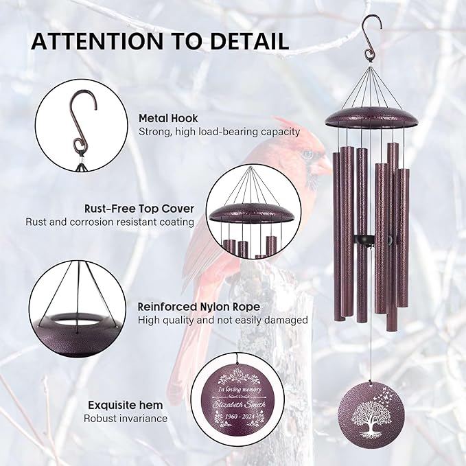ASTARIN Memorial Wind Chimes Personalized, Bereavement Condolence Gifts for Loss of Mother Husband Wife, Customized Wind Chimes for Outside Deep Tone(Produced in USA)