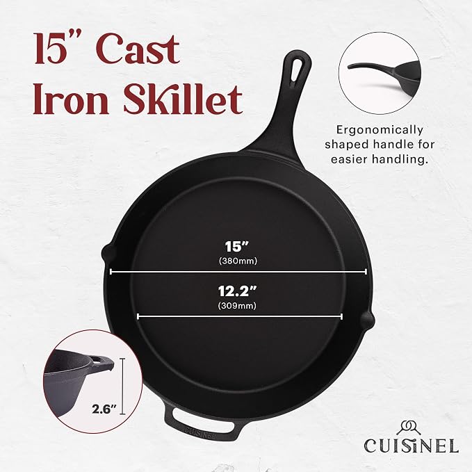 Cast Iron Skillet + Pan Scraper - 15"-Inch Pre-seasoned Frying Pan + Heat-Resistant Silicone Handle Grip - Oven-Safe Kitchen Cookware - Indoor/Outdoor Use - Camping, Grilling, BBQ, Open Fire Safe