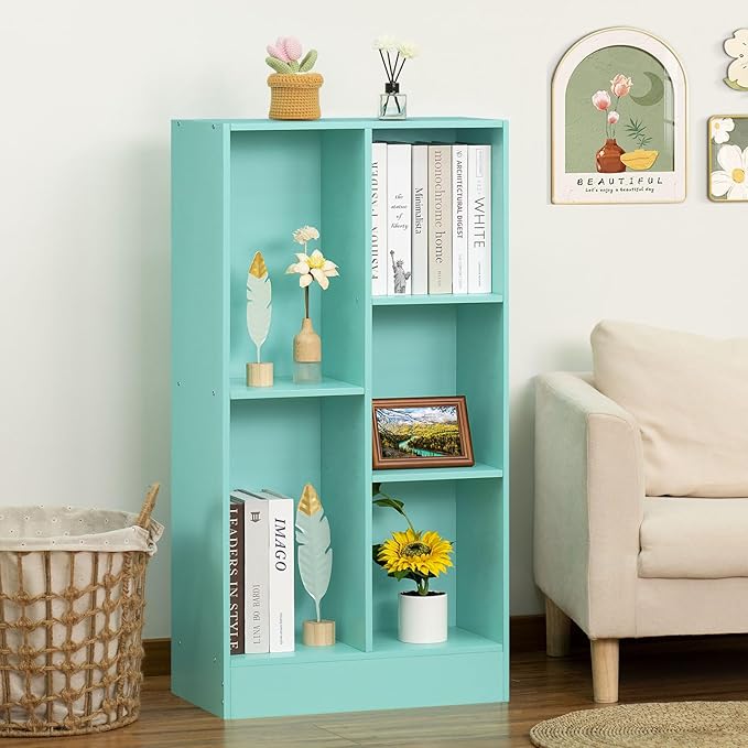 LEYAOYAO 5 Cube Bookshelf with Base,3 Tier Modern Mint-Green Kids Bookcase,Standing Wide Bookshelves Storage Organizer Toy Shelf,Wood Display Children's Book Shelves for Bedroom,Living Room,Nursery