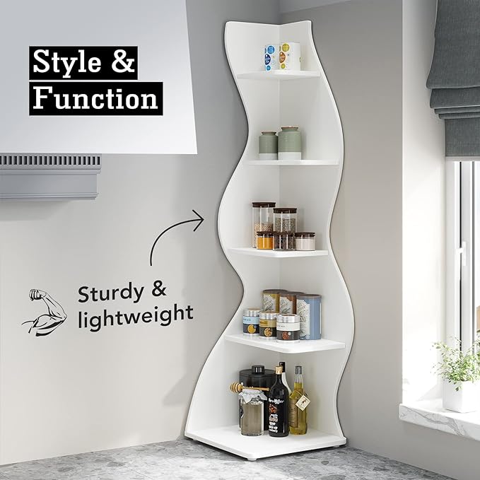 Small Corner Shelf, Modern 5-Tier Wall Corner Bookshelf, Stylish Bookcase Storage Rack for Small Space,Living Room. Bedroom