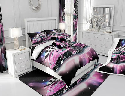 Pink Race Car Bedding Set Queen Size,Racing Flag Black White Lattice Duvet Cover with 2 Pillowcases,Extreme Sport Game Comforter Cover for Kids Youths Boys Girls Room Decor,Modern Quilt Cover