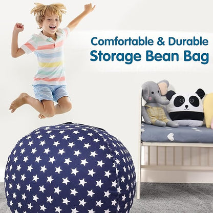 Lukeight Stuffed Animal Storage Bean Bag Chair Cover for Kids, Zipper Beanbag Chair Cover for Organizing Toddler & Kids' Rooms Plush Toys (Stars Navy, Large)