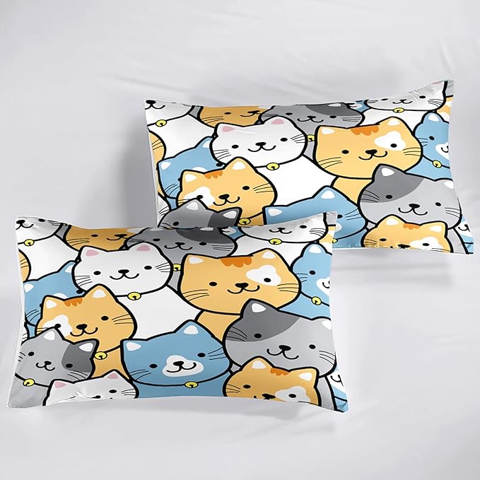 Cat Comforter Set - Cute Cat Comforter - Full Size Comforter Set for Kids Kawaii Cat Bedding Set Cartoon Cat Print Bedding Sets for Girls Room Kids Cat Quilt Sets with 2 Pillowcases