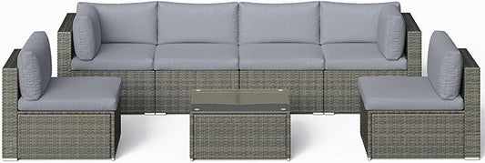 SUNVIVI OUTDOOR 7 Piece Patio Furniture Sets All Weather Gery PE Wicker Couch Sofa with Glass Table, Removable Grey Cushions