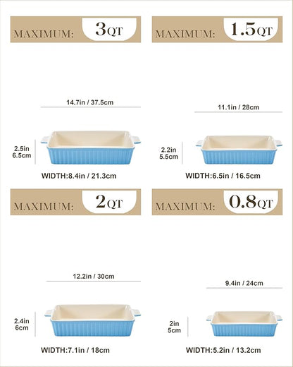 MALACASA Casserole Dishes for Oven, Ceramic Bakeware Set of 4, Blue | Deep Lasagna Pans for Versatile Use, Durable Bakeware for Roasting Vegetable, Gift Set, Dishwasher Safe(9.4/11.1/12.2/14.7")