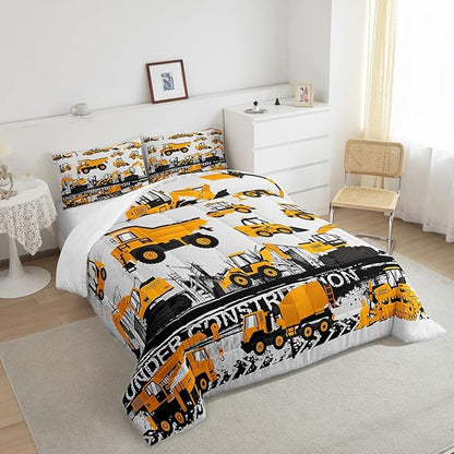 Feelyou Under Construction Comforter Set Vehicles Truck Car Bedding Set for Kids Boys Girls Children Cartoon Excavator Comforter Room Decor Machinery Bulldozer Crane Duvet Set Queen Size