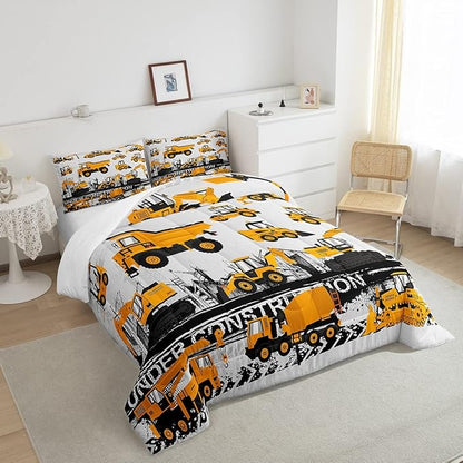 Feelyou Under Construction Comforter Set Vehicles Truck Car Bedding Set for Kids Boys Girls Cartoon Excavator Comforter Room Decor Machinery Bulldozer Crane Duvet Set King Size Boys